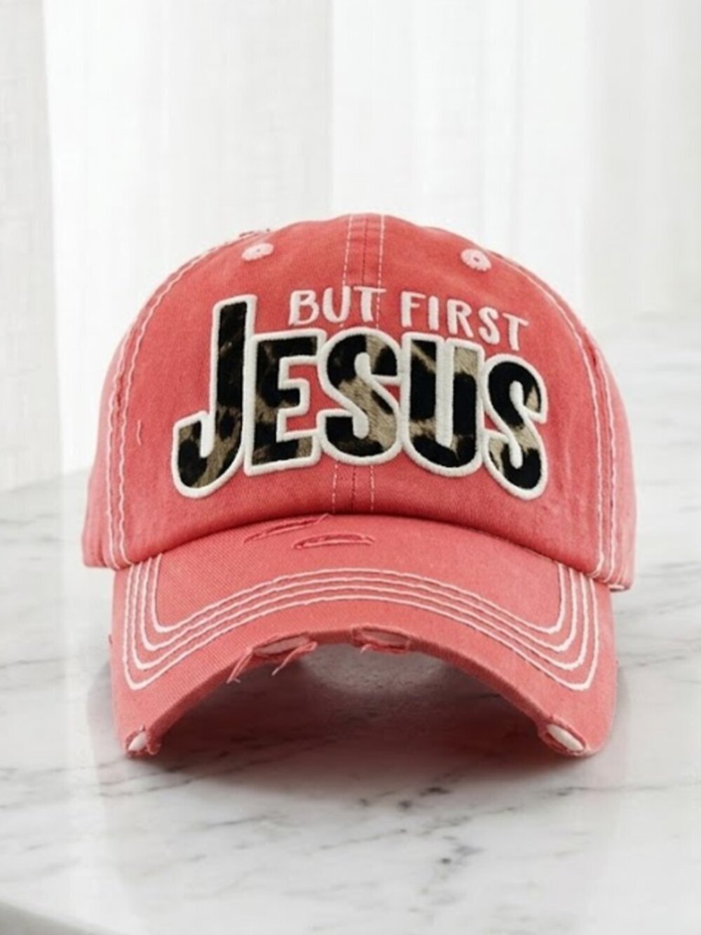 Hot Pink But First Jesus Baseball Hat